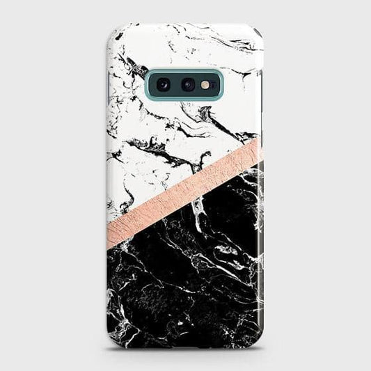 Samsung Galaxy S10e Cover - Black & White Marble With Chic RoseGold Strip Case with Life Time Colors Guarantee