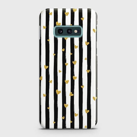 Samsung Galaxy S10e Cover - Trendy Black & White Lining With Golden Hearts Printed Hard Case with Life Time Colors Guarantee