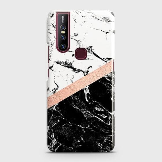 VIVO V15 Cover - Black & White Marble With Chic RoseGold Strip Case with Life Time Colors Guarantee