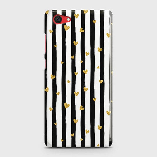Vivo Y71 Cover - Trendy Black & White Lining With Golden Hearts Printed Hard Case with Life Time Colors Guarantee