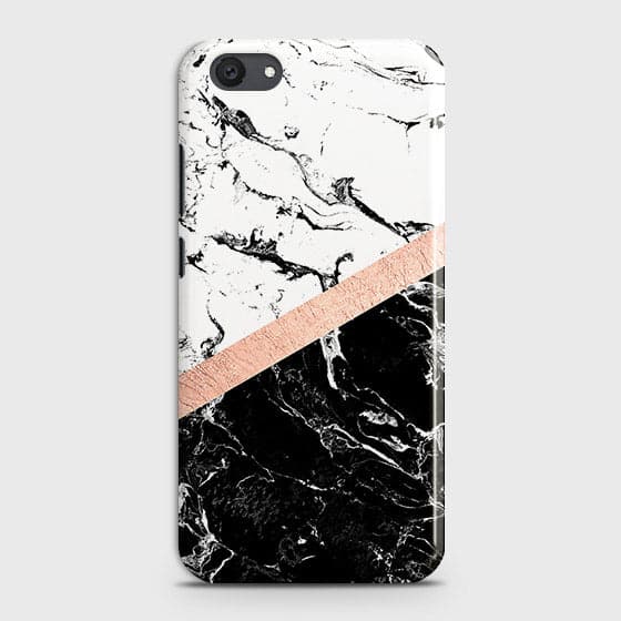 Vivo Y81i Cover - Black & White Marble With Chic RoseGold Strip Case with Life Time Colors Guarantee