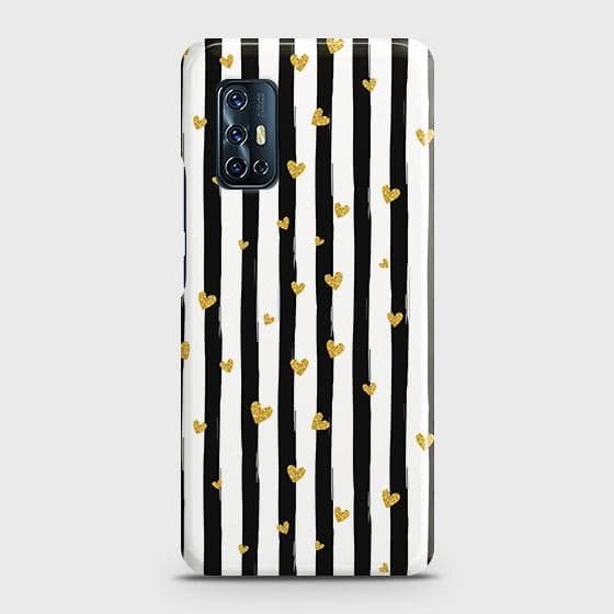 Vivo V17 Cover - Trendy Black & White Lining With Golden Hearts Printed Hard Case with Life Time Colors Guarantee