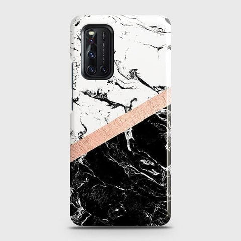 Vivo V19 Cover - Black & White Marble With Chic RoseGold Strip Case with Life Time Colors Guarantee