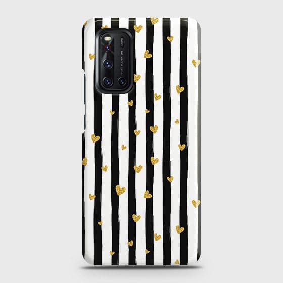 Vivo V19 Cover - Trendy Black & White Lining With Golden Hearts Printed Hard Case with Life Time Colors Guarantee