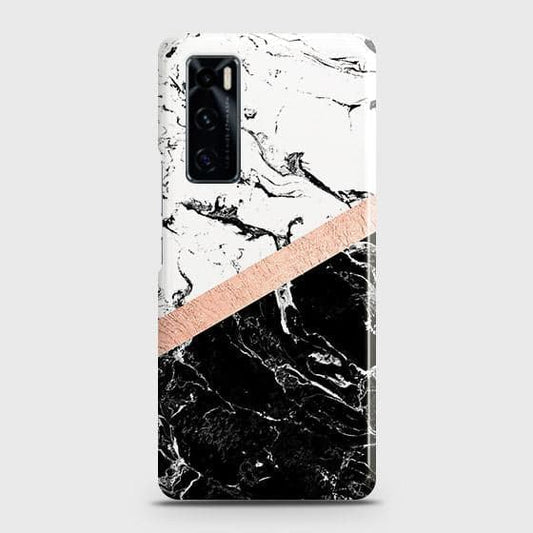 Vivo V20 SE Cover - Black & White Marble With Chic RoseGold Strip Case with Life Time Colors Guarantee