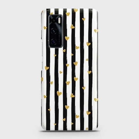 Vivo V20 SE Cover - Trendy Black & White Lining With Golden Hearts Printed Hard Case with Life Time Colors Guarantee