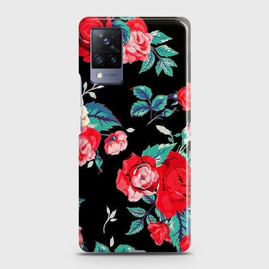 Vivo V21 Cover - Luxury Vintage Red Flowers Printed Hard Case with Life Time Colors Guarante