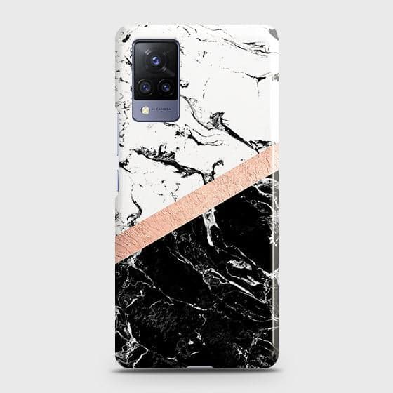 Vivo V21 Cover - Black & White Marble With Chic RoseGold Strip Case with Life Time Colors Guarantee