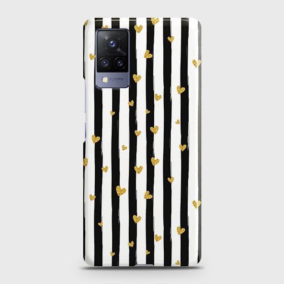 Vivo V21 Cover - Trendy Black & White Lining With Golden Hearts Printed Hard Case with Life Time Colors Guarantee