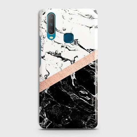 Vivo Y11 2019 Cover - Black & White Marble With Chic RoseGold Strip Case with Life Time Colors Guarantee