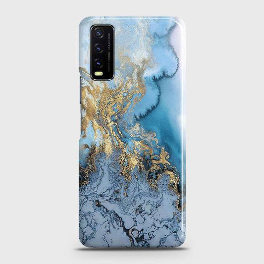 Vivo Y12s Cover - Trendy Golden & Blue Ocean Marble Printed Hard Case with Life Time Colors Guarantee