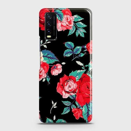 Vivo Y12s Cover - Luxury Vintage Red Flowers Printed Hard Case with Life Time Colors Guarantee