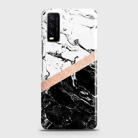 Vivo Y12s Cover - Black & White Marble With Chic RoseGold Strip Case with Life Time Colors Guarantee