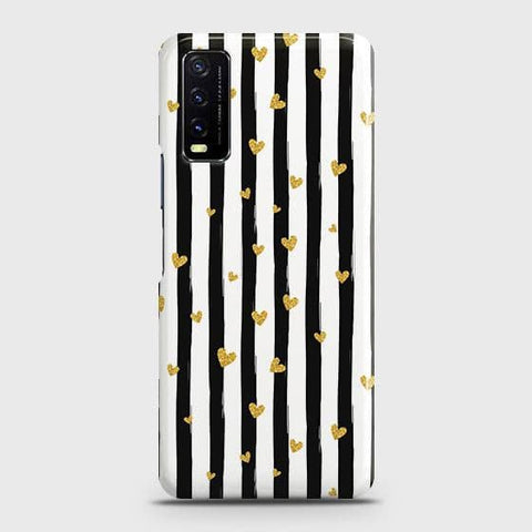 Vivo Y12s Cover - Trendy Black & White Lining With Golden Hearts Printed Hard Case with Life Time Colors Guarantee