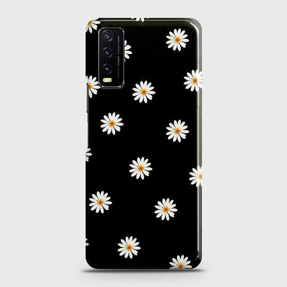 Vivo Y12s Cover - Matte Finish - White Bloom Flowers with Black Background Printed Hard Case with Life Time Colors Guarantee