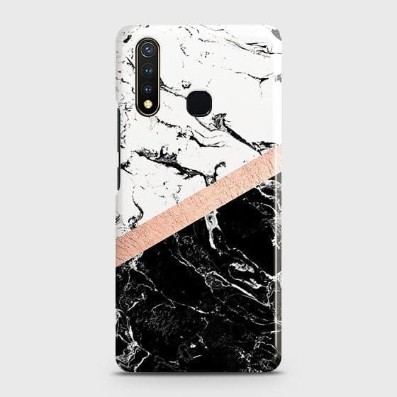 Printed Black & White Marble With Chic RoseGold Strip Case with Life Time Colors Guarantee For Vivo Y19