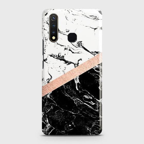 Printed Black & White Marble With Chic RoseGold Strip Case with Life Time Colors Guarantee For Vivo Y19