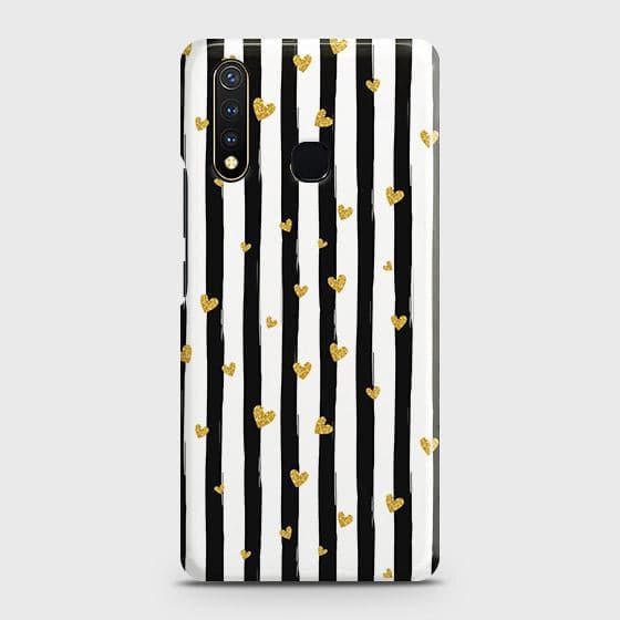 Vivo Y19 Cover - Trendy Black & White Lining With Golden Hearts Printed Hard Case with Life Time Colors Guarantee