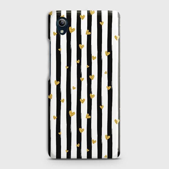 Vivo Y1s Cover - Trendy Black & White Lining With Golden Hearts Printed Hard Case with Life Time Colors Guarantee