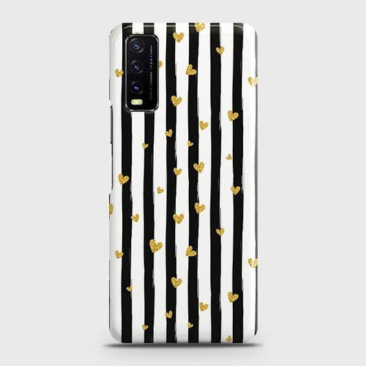 Vivo Y12a Cover - Trendy Black & White Strips With Golden Hearts Printed Hard Case with Life Time Colors Guarantee b60