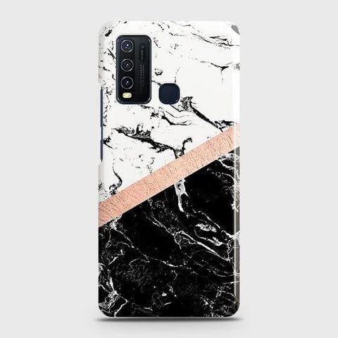 Vivo Y30 Cover - Black & White Marble With Chic RoseGold Strip Case with Life Time Colors Guarantee