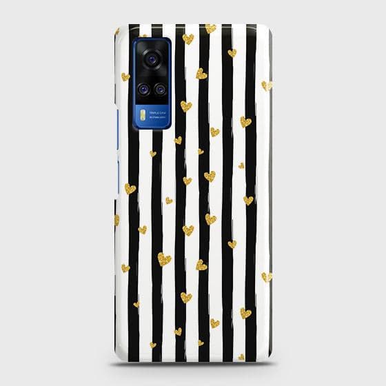 Vivo Y31 Cover - Trendy Black & White Lining With Golden Hearts Printed Hard Case with Life Time Colors Guarantee