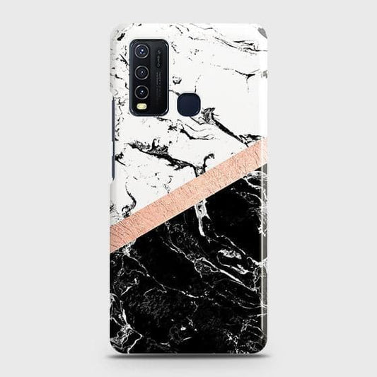 Vivo Y50 Cover - Black & White Marble With Chic RoseGold Strip Case with Life Time Colors Guarantee