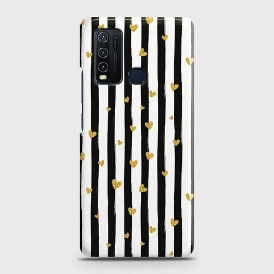 Vivo Y50 Cover - Trendy Black & White Lining With Golden Hearts Printed Hard Case with Life Time Colors Guarantee