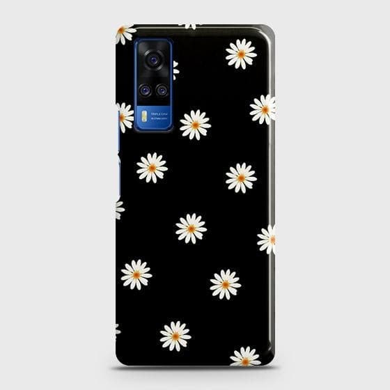 Vivo Y51s Cover - Matte Finish - White Bloom Flowers with Black Background Printed Hard Case with Life Time Colors Guarantee