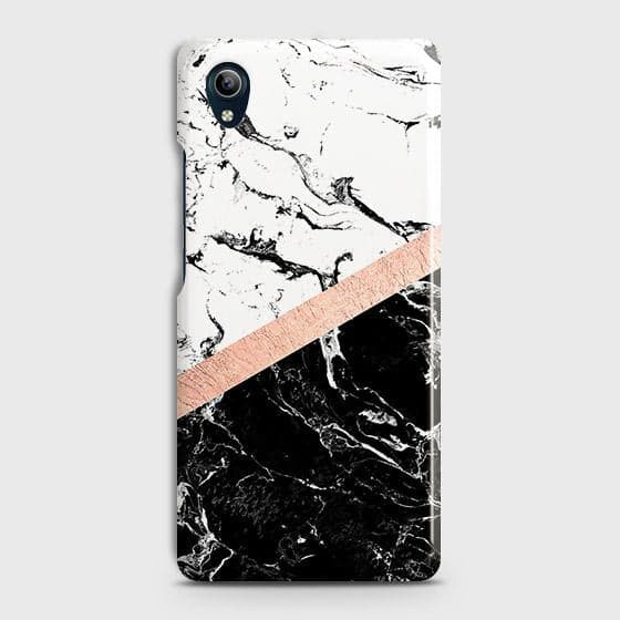 Vivo Y90 Cover - Black & White Marble With Chic RoseGold Strip Case with Life Time Colors Guarantee