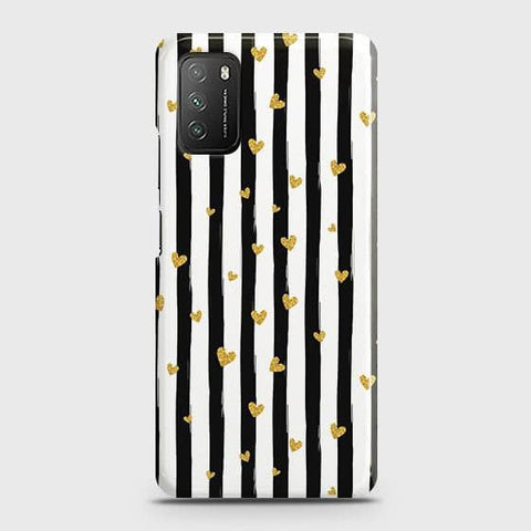 Xiaomi Poco M3 Cover - Trendy Black & White Lining With Golden Hearts Printed Hard Case with Life Time Colors Guarantee