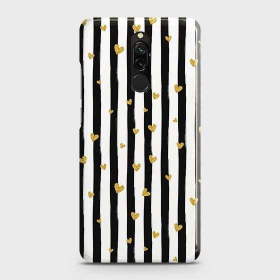 Xiaomi Redmi 8 Cover - Trendy Black & White Lining With Golden Hearts Printed Hard Case with Life Time Colors Guarantee