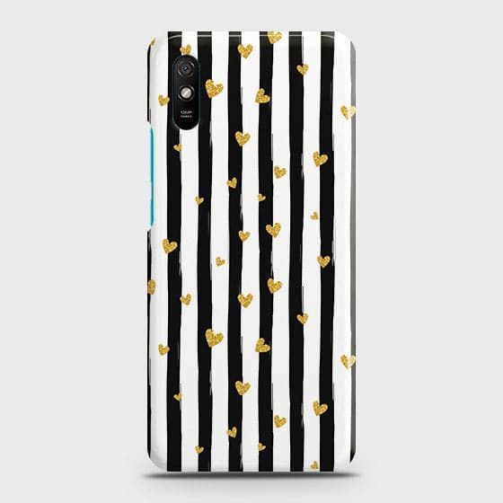 Xiaomi Redmi 9A Cover - Trendy Black & White Lining With Golden Hearts Printed Hard Case with Life Time Colors Guarantee