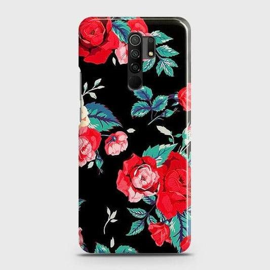 Xiaomi Redmi 9 Cover - Luxury Vintage Red Flowers Printed Hard Case with Life Time Colors Guarantee