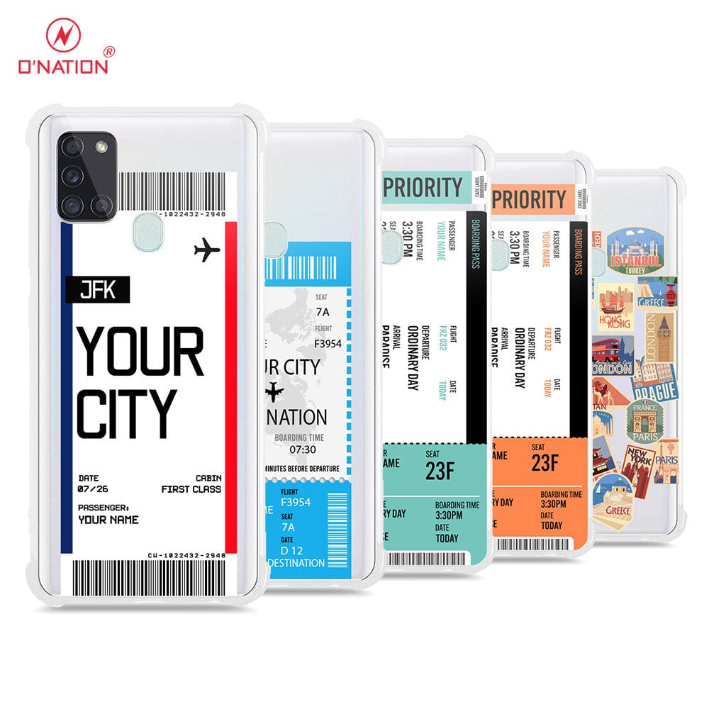 Samsung Galaxy A21s Cover - Personalised Boarding Pass Ticket Series - 5 Designs - Clear Phone Case - Soft Silicon Borders