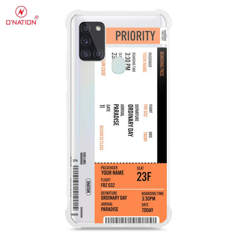 Samsung Galaxy A21s Cover - Personalised Boarding Pass Ticket Series - 5 Designs - Clear Phone Case - Soft Silicon Borders