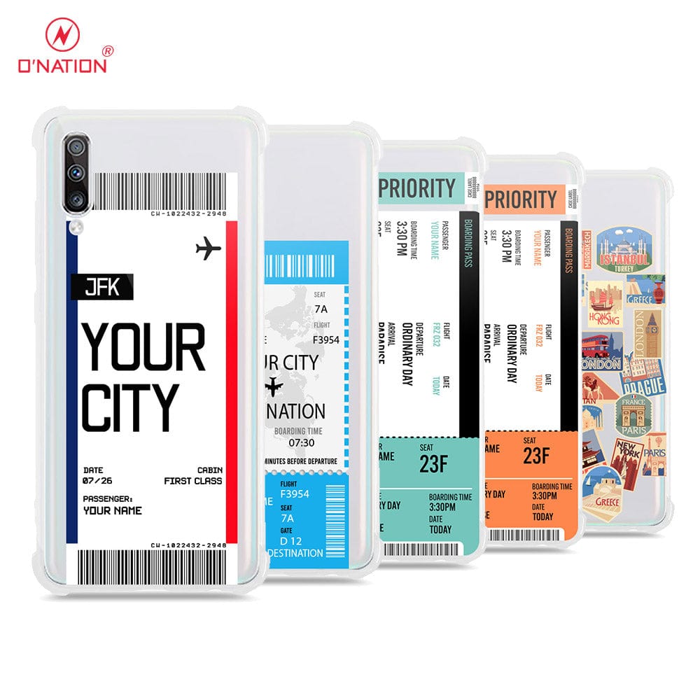 Samsung Galaxy A70 Cover - Personalised Boarding Pass Ticket Series - 5 Designs - Clear Phone Case - Soft Silicon Borders