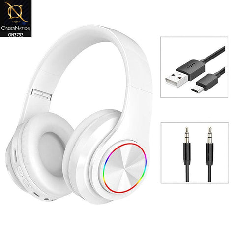 White - B39 Luminous Head-mounted Wireless Bluetooth Headset 5.0 Headphones Heavy Bass Surround Stereo Colorful LED Lights Outdoor Sport