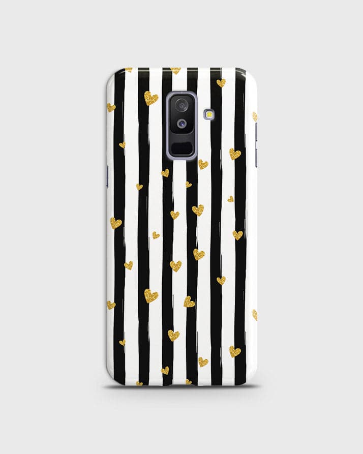 Samsung A6 Plus 2018 - Trendy Black & White Lining With Golden Hearts Printed Hard Case With Life Time Colors Guarantee