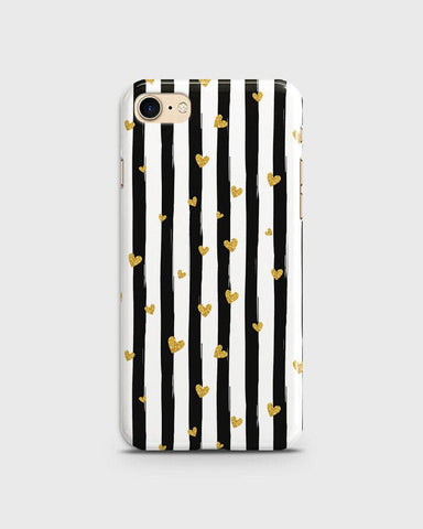 iPhone 7 & iPhone 8 - Trendy Black & White Lining With Golden Hearts Printed Hard Case With Life Time Colors Guarantee