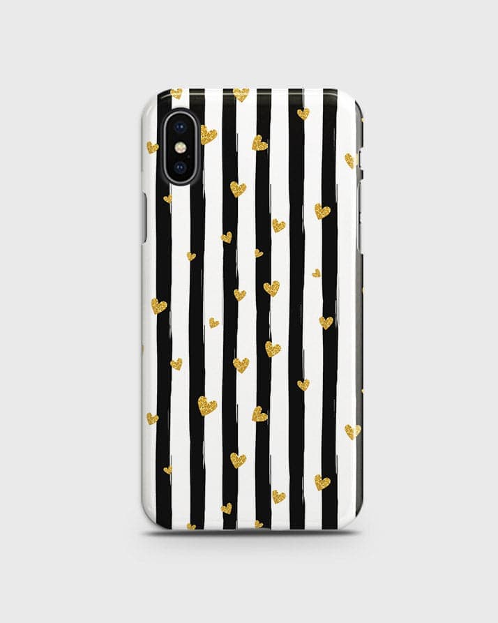 iPhone X - Trendy Black & White Lining With Golden Hearts Printed Hard Case With Life Time Colors Guarantee B84