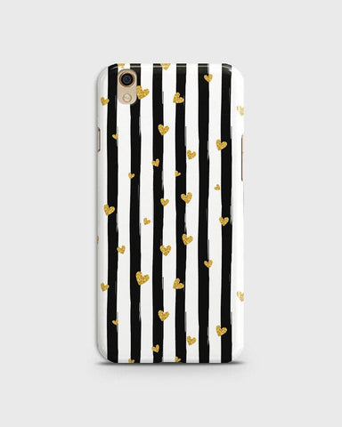 Oppo A37 - Trendy Black & White Lining With Golden Hearts Printed Hard Case With Life Time Colors Guarantee