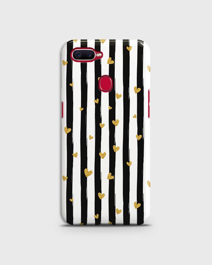 Oppo F9 - Trendy Black & White Lining With Golden Hearts Printed Hard Case With Life Time Colors Guarantee