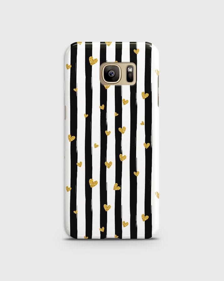 Samsung Galaxy S7 - Trendy Black & White Lining With Golden Hearts Printed Hard Case With Life Time Colors Guarantee