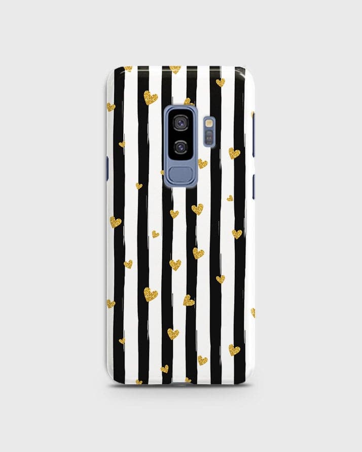 Samsung Galaxy S9 Plus - Trendy Black & White Lining With Golden Hearts Printed Hard Case With Life Time Colors Guarantee