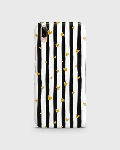 Vivo V11 Pro  - Trendy Black & White Lining With Golden Hearts Printed Hard Case With Life Time Colors Guarantee