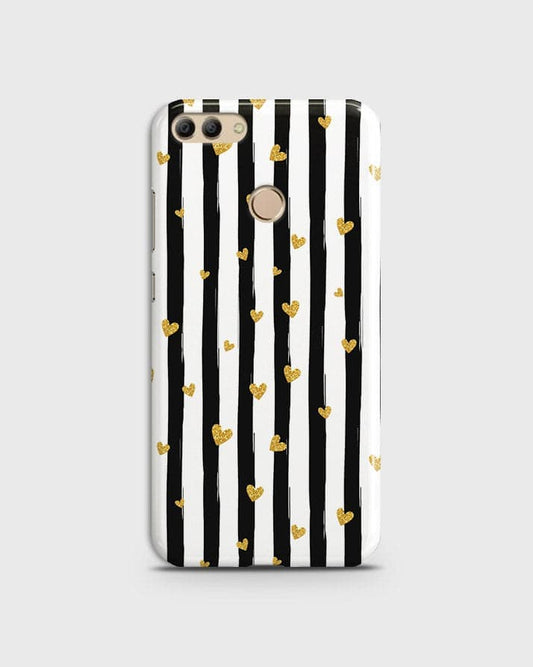 Huawei Y9 2018 - Trendy Black & White Lining With Golden Hearts Printed Hard Case With Life Time Colors Guarantee