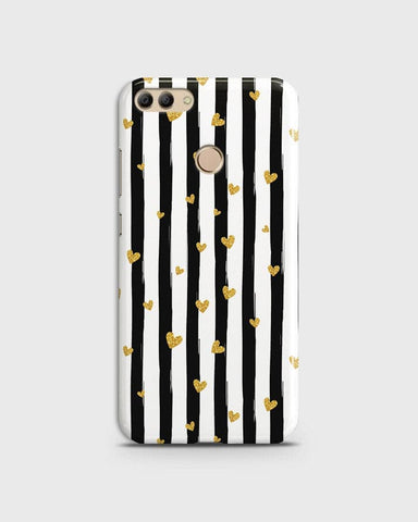 Huawei Y9 2018 - Trendy Black & White Lining With Golden Hearts Printed Hard Case With Life Time Colors Guarantee