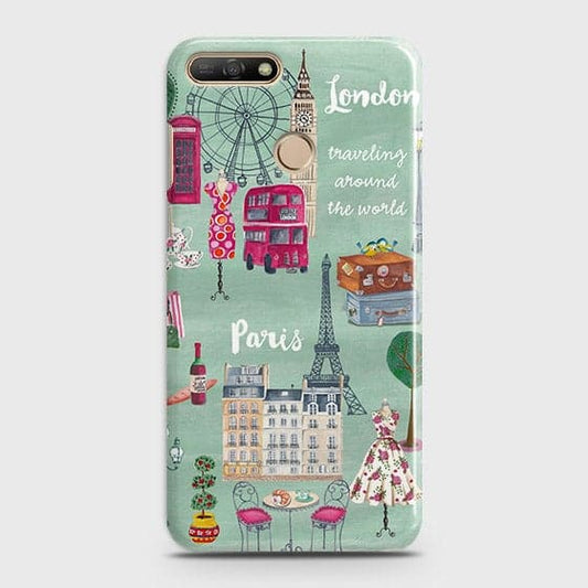 Huawei Y7 2018 Cover - Matte Finish - London, Paris, New York Modern Printed Hard Case Life Time Colors Guarantee