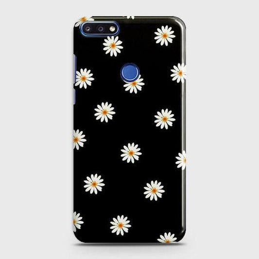 Huawei Y7 Prime 2018 Cover - Matte Finish - White Bloom Flowers with Black Background Printed Hard Case With Life Time Colors Guarantee